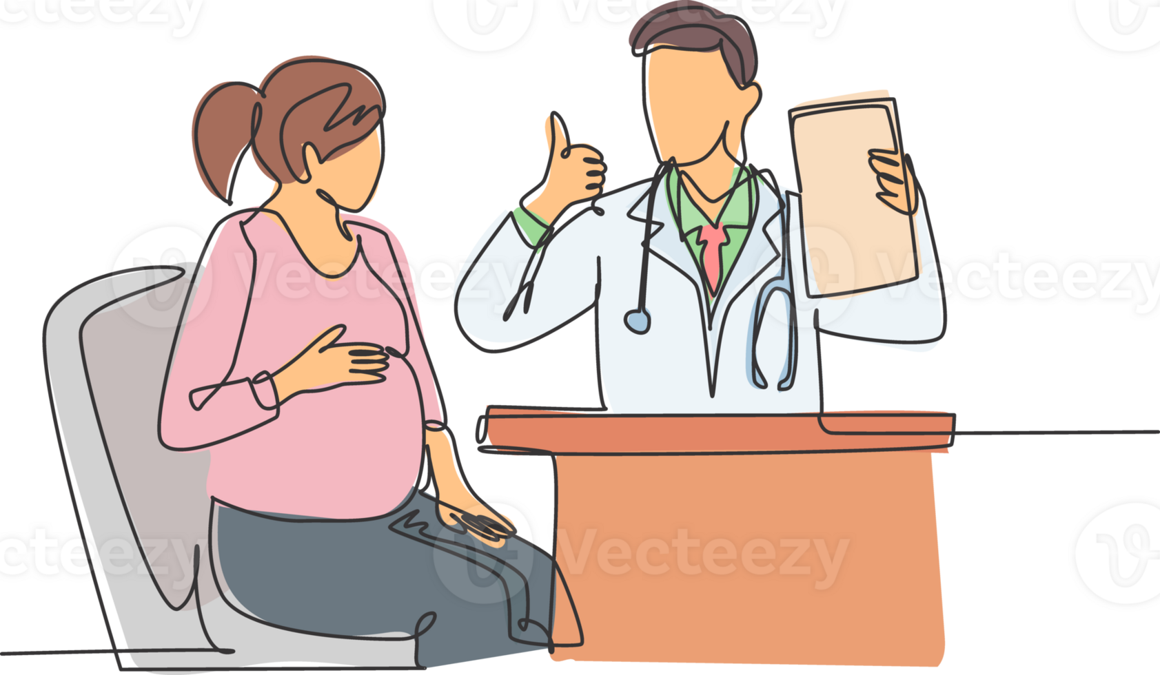 One line drawing of young happy obstetrician doctor checking up pregnancy mom and tell good result on hospital. Medical healthcare service concept. Continuous line draw design illustration png