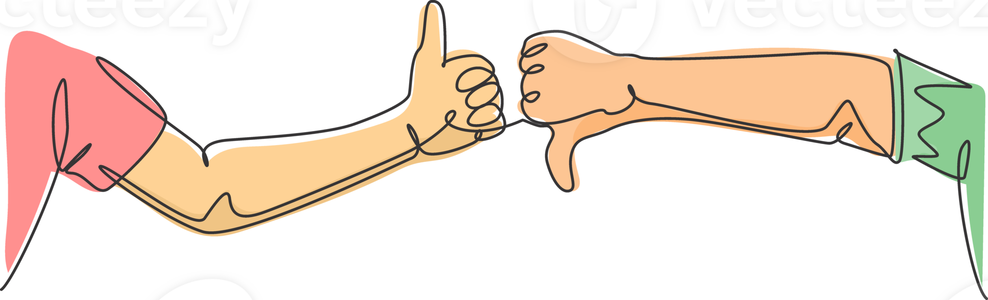 One line drawing of young male arm hands with thumbs up and thumbs down sign gesture. Good and bad symbol concept. Continuous line draw graphic design illustration png