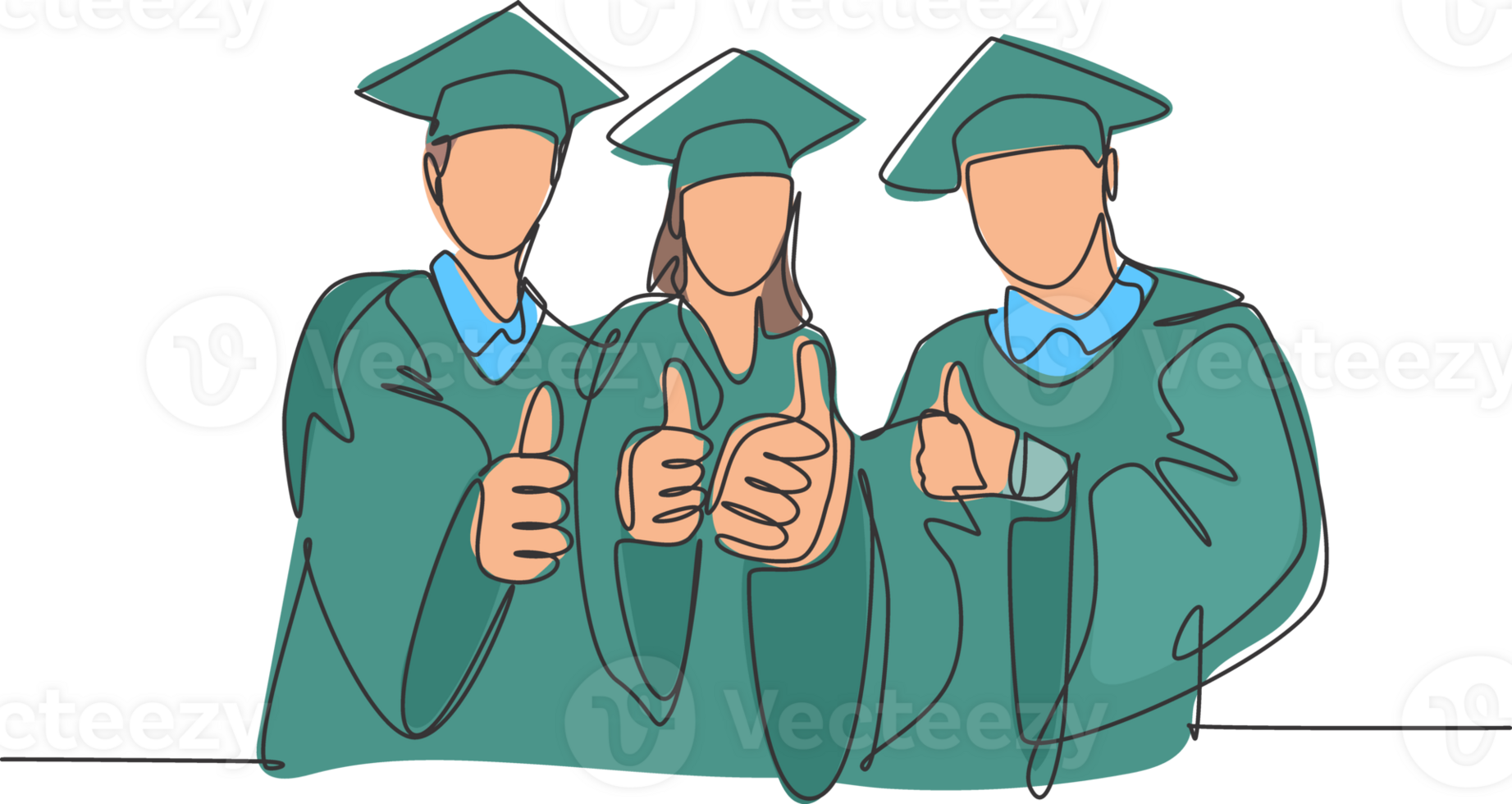 One line drawing of young happy graduate college students wearing graduation dress and giving thumbs gesture. Education graduating concept. Continuous line draw design graphic illustration png