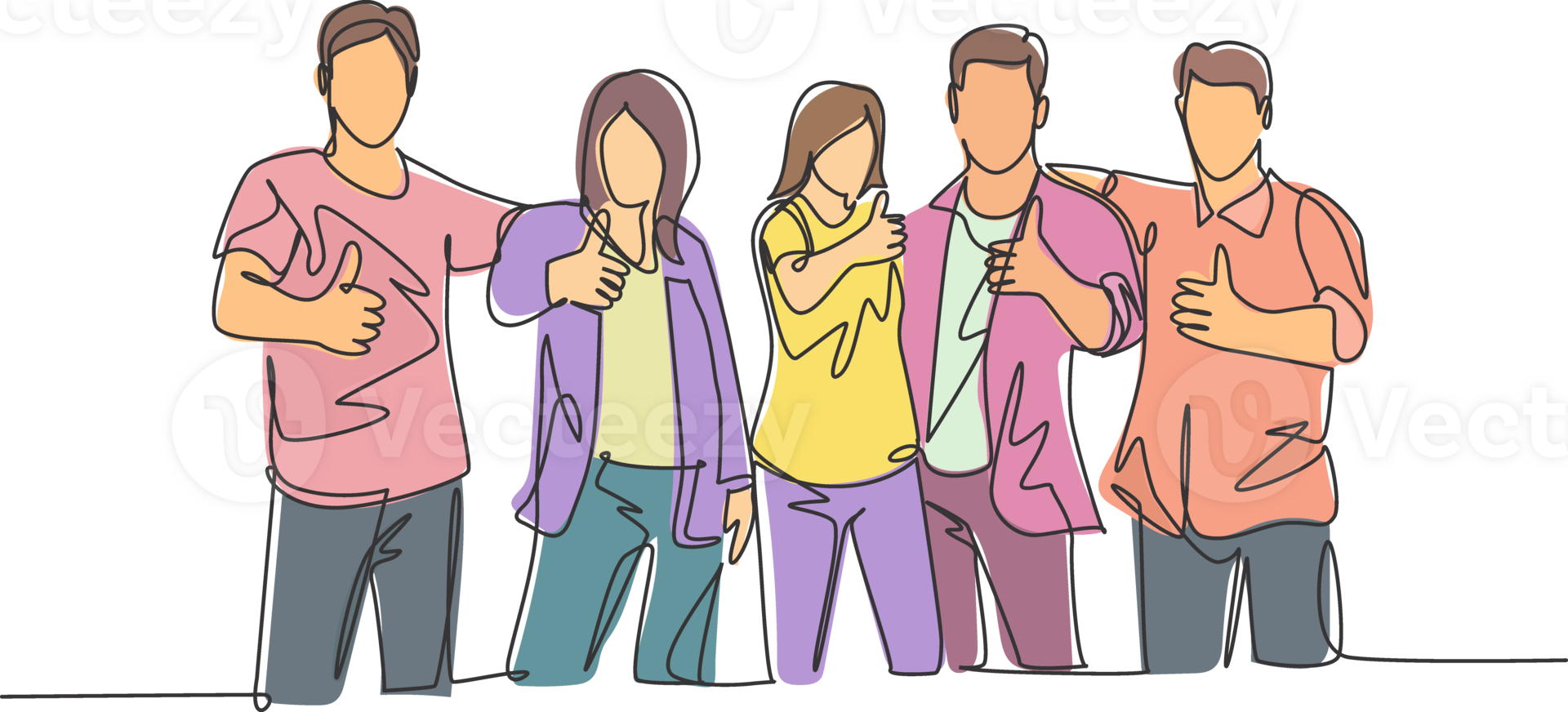 One line drawing of groups of young happy college students giving thumbs up gesture after studying together at campus library. Learn and study in university life concept. Continuous line draw design png