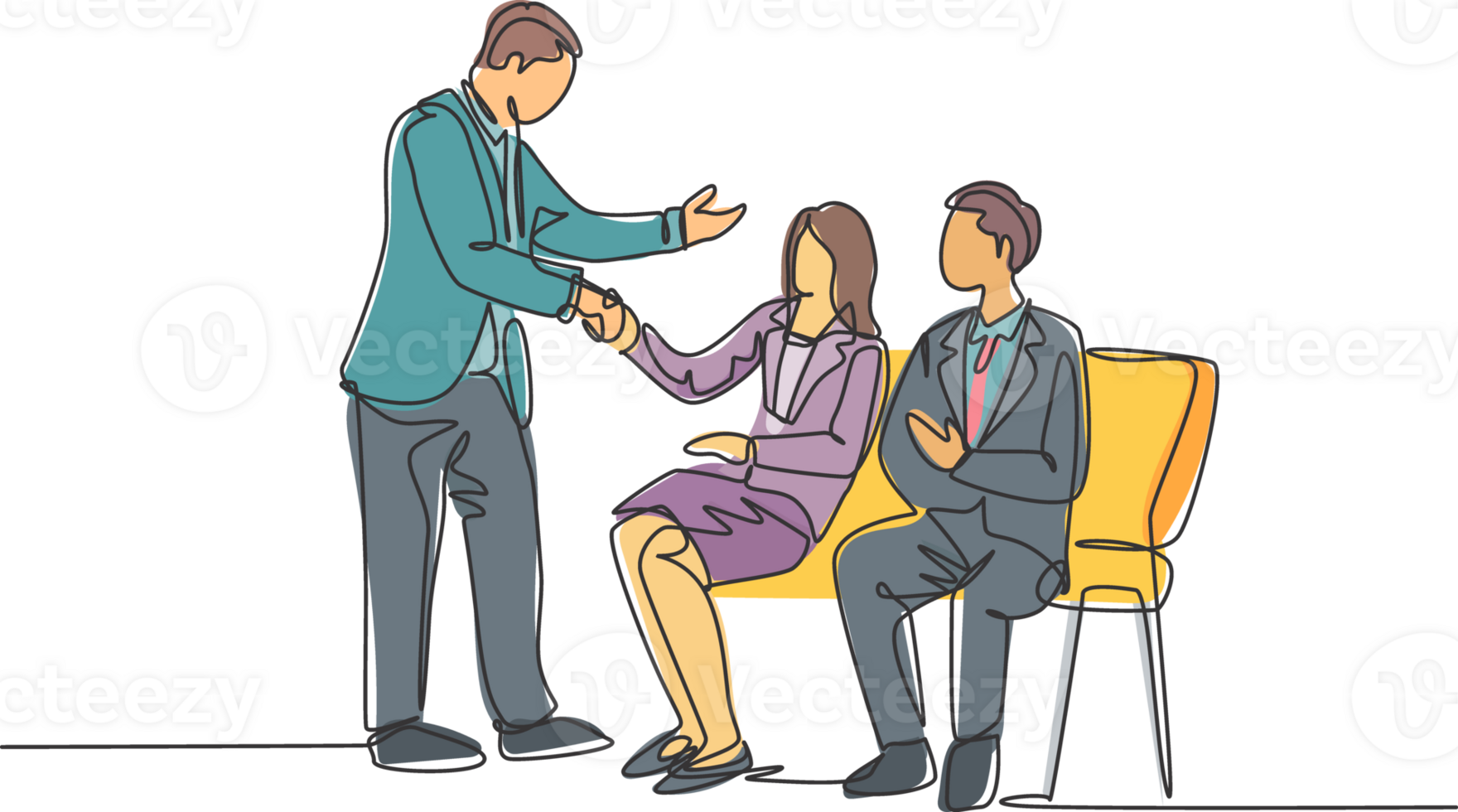 One line drawing of company manager meet and handshaking employee candidates while sitting on chair to take job interview. Modern continuous line draw design graphic illustration png