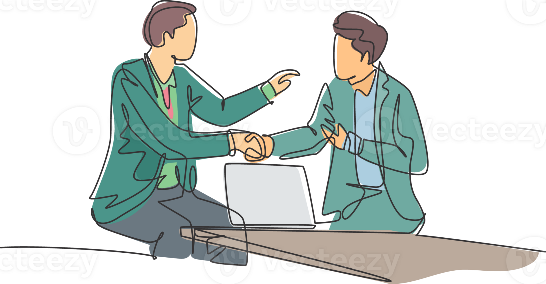 Continuous line drawing of business men handshake his colleague to deal a project. Business meeting at office concept. Single line drawing design, graphic illustration png