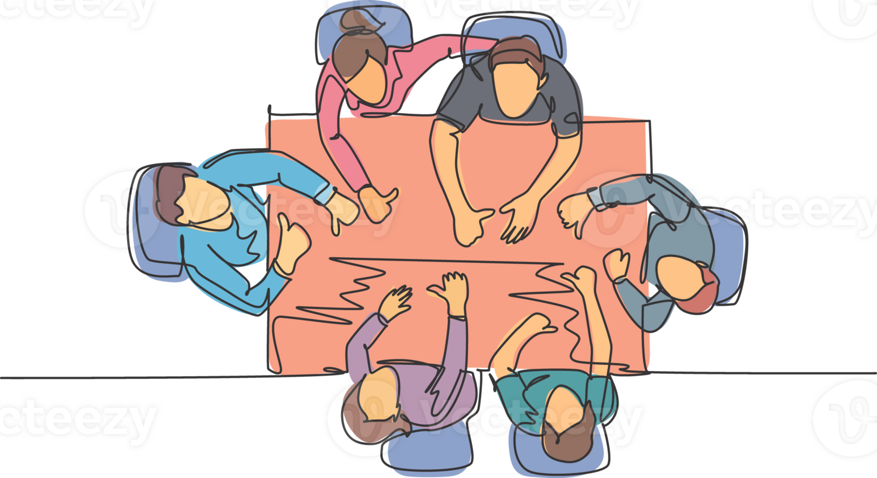One line drawing of young happy businessmen and businesswoman meeting and giving thumbs up gesture from top view. Business teamwork concept. Continuous line draw graphic design illustration png