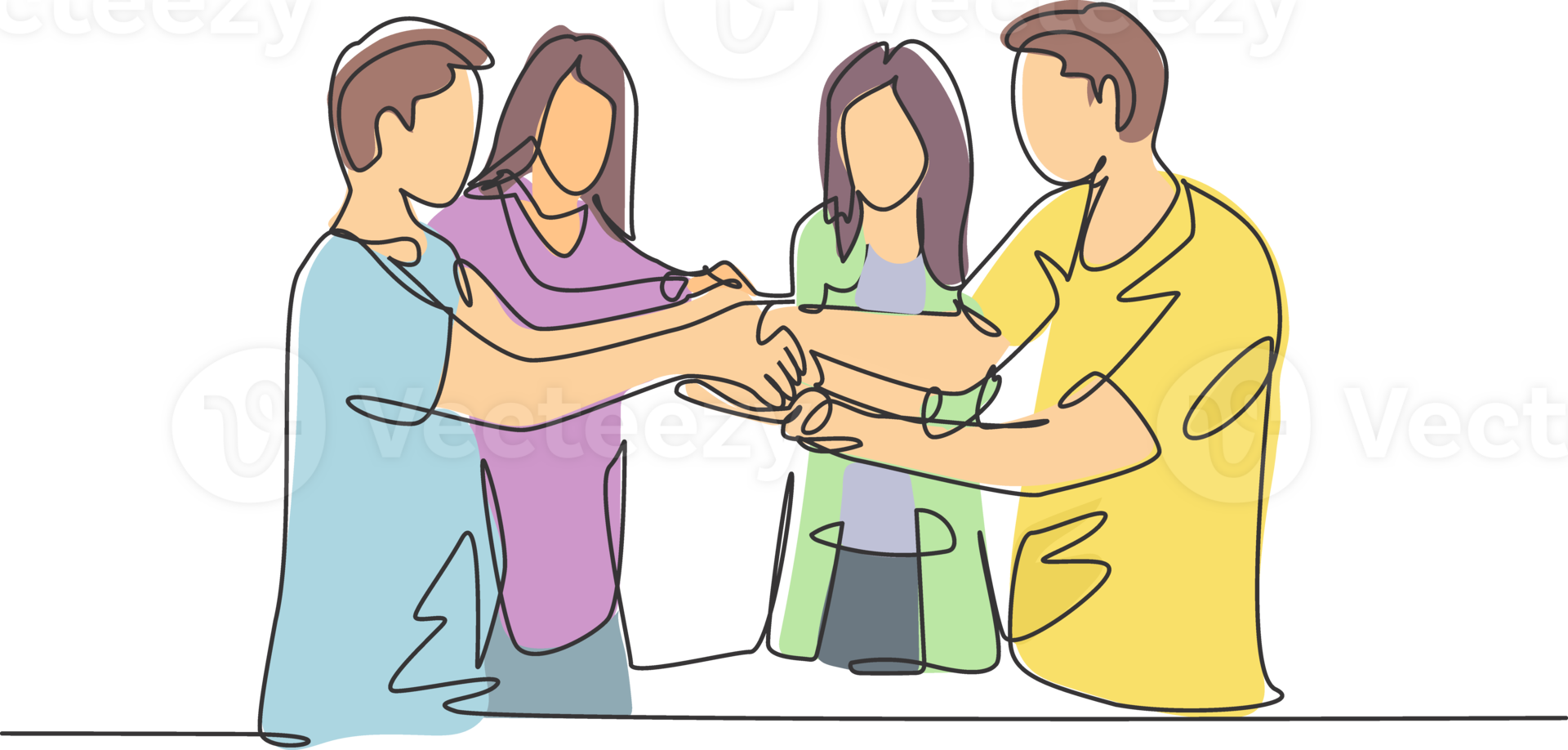 Continuous line drawing of young business group holding hand together as a great team. Business teamwork concept. Single line drawing design, graphic illustration png