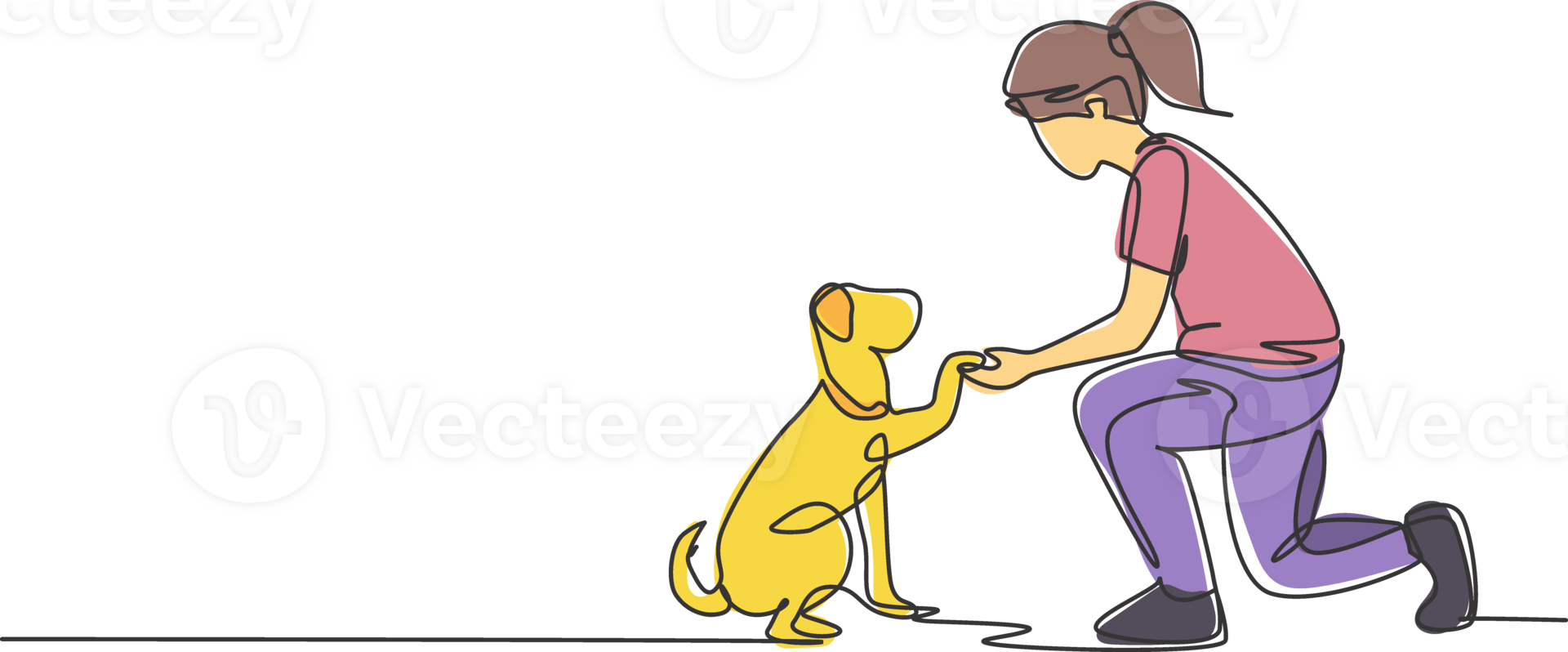 One line drawing of young happy girl handshaking her cute dog. Friendship about human and pet animal concept. Trendy continuous line drawing graphic illustration png