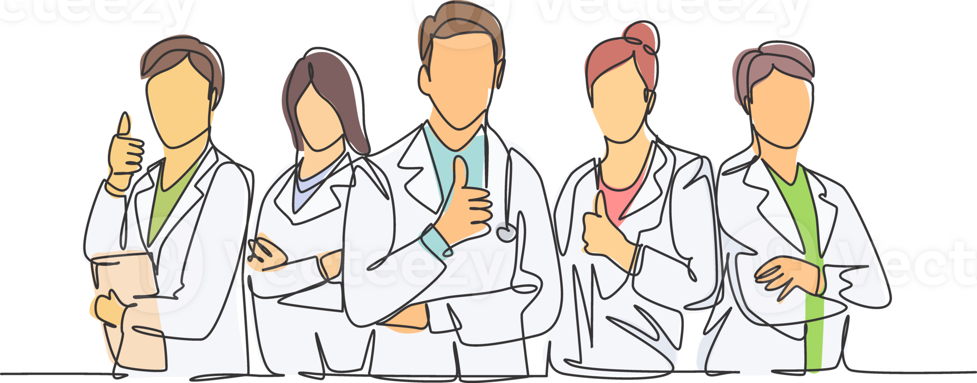 One line drawing of groups of young happy doctors giving thumbs up gesture for best healthcare service in hospital. Medical team work concept. Continuous line graphic draw design illustration png