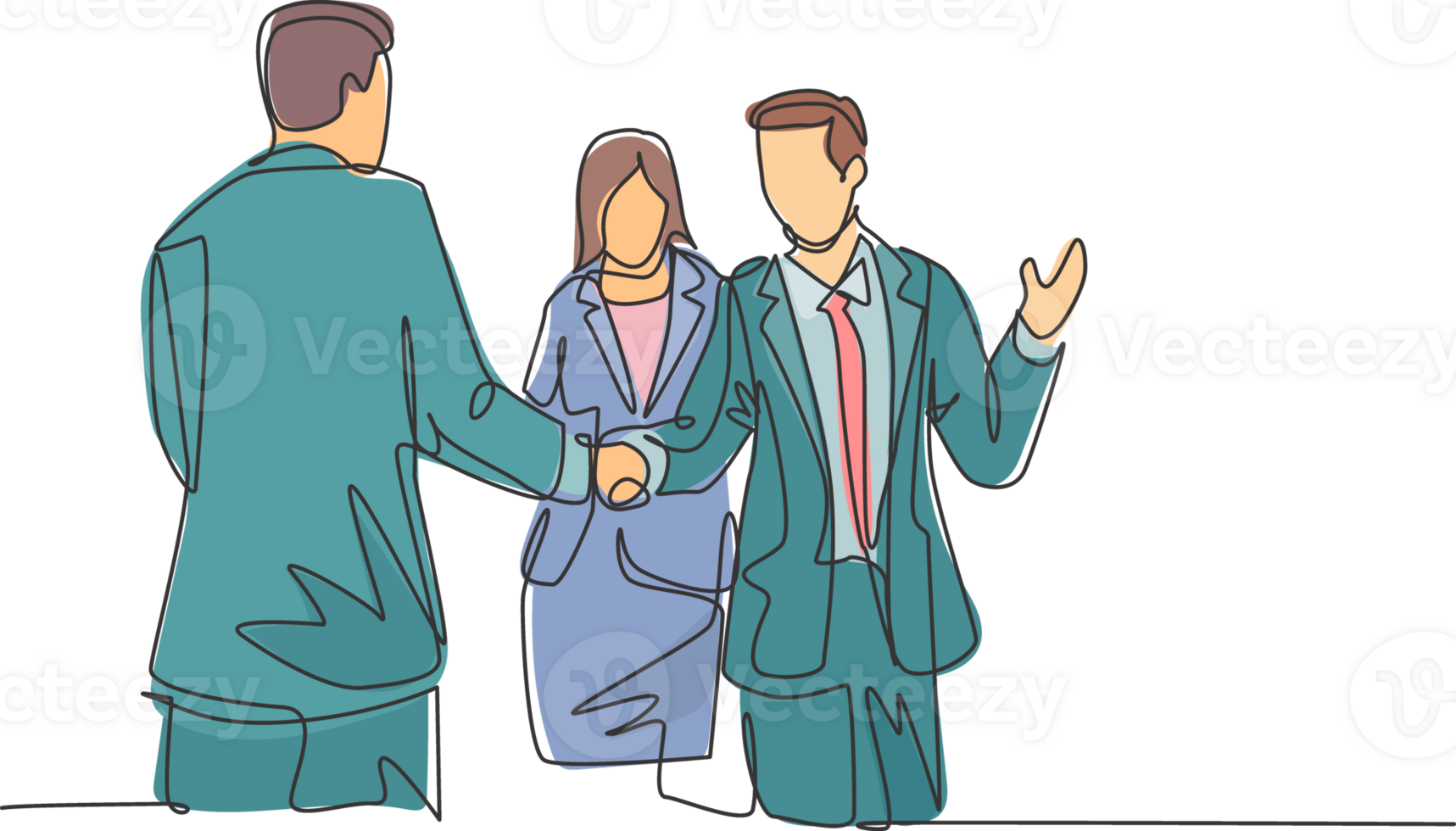 Continuous line drawing of business man handshake his colleague to deal a project. Business meeting concept. Single line drawing, design illustration png