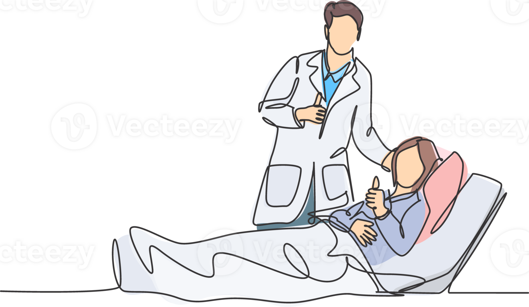 One line drawing of young happy doctor visiting patient who are lying weak on the bed and giving thumbs up gesture. Medical healthcare service concept. Continuous line draw design illustration png
