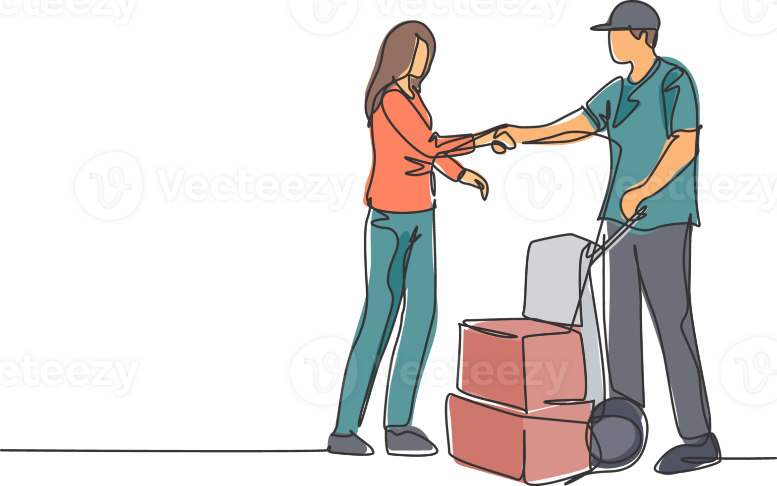 Continuous line drawing of courier delivery man handshaking the customer and hand over a package box. Delivery service excellent concept. One line drawing illustration png