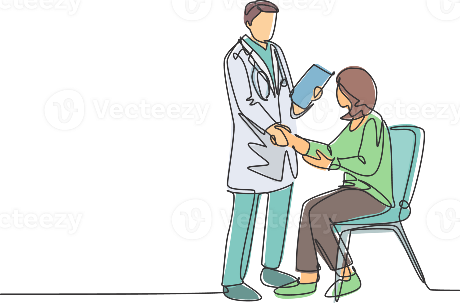 One line drawing of young doctor handshake the patient in hospital to ask her condition. Medical checkup concept. Continuous line drawing illustration png