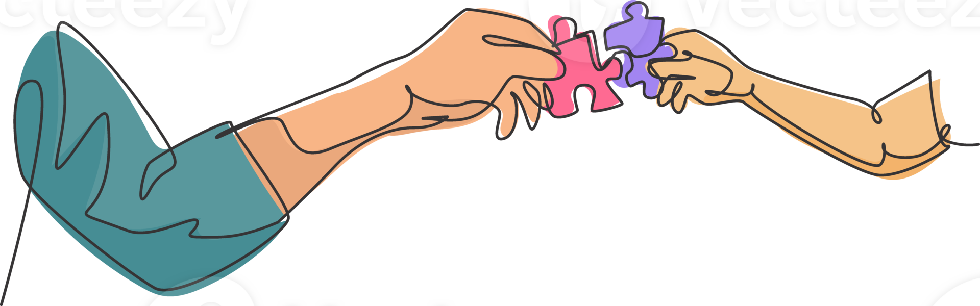 One line drawing of two hands holding puzzle pieces and want to merge together. Father or mother and son teamwork to build super family. Continuous line draw design, illustration graphic png