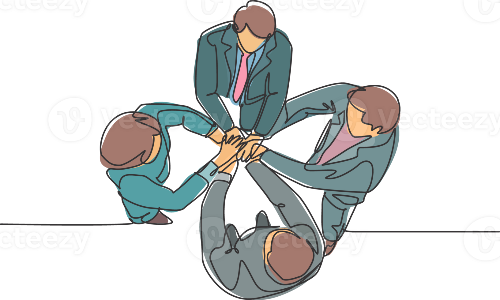 Top view continuous line drawing of young business group holding hand together. Business teamwork at office concept. Single line drawing design, graphic illustration png