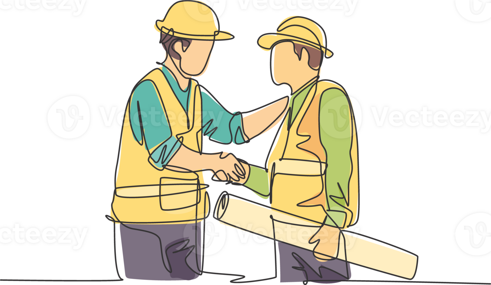 One line drawing of young architect holding on a roll paper and builder foreman wearing construction vest and helmet handshake to deal a project. Great teamwork concept. Continuous line drawing png