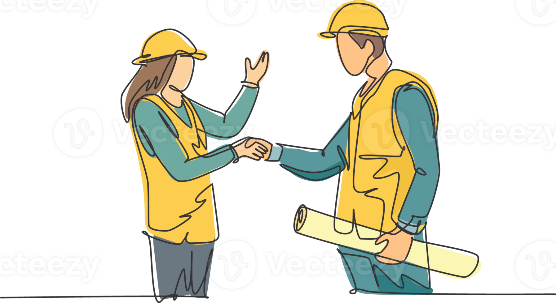 One line drawing of young architect woman and builder foreman wearing construction vest and helmet handshake to deal a project. Great teamwork concept. Continuous line drawing illustration png