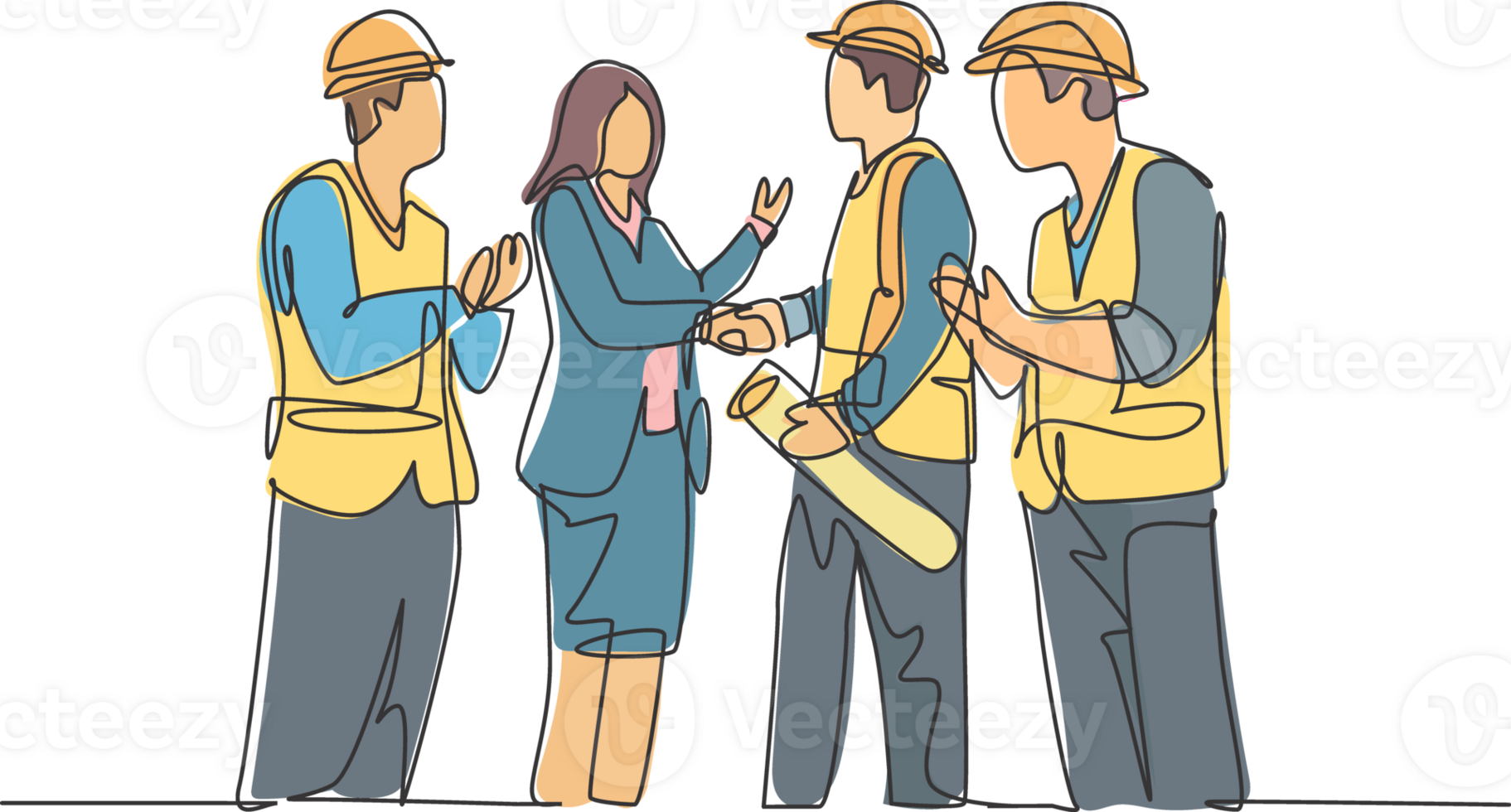 One line drawing of young business woman and architect builder wearing construction vest helmet handshake to deal project. Great teamwork concept. Continuous line drawing, graphic illustration png