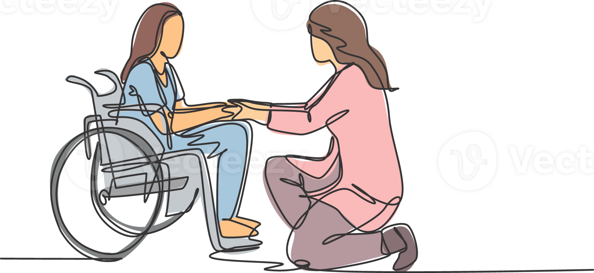 One line drawing of young doctor visiting and handshaking the old patient with wheelchair in hospital. Health care service concept. continuous line drawing illustration png