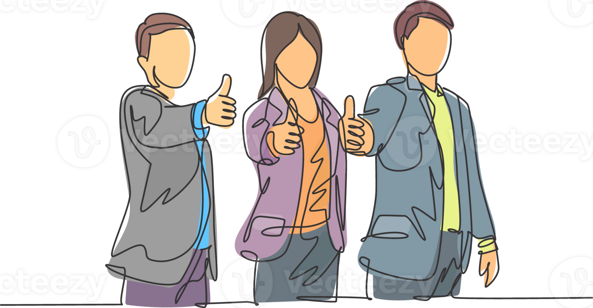 One line drawing of young happy businessmen and businesswoman stand up and giving thumbs up gesture together. Business teamwork building concept. Continuous line draw design illustration png
