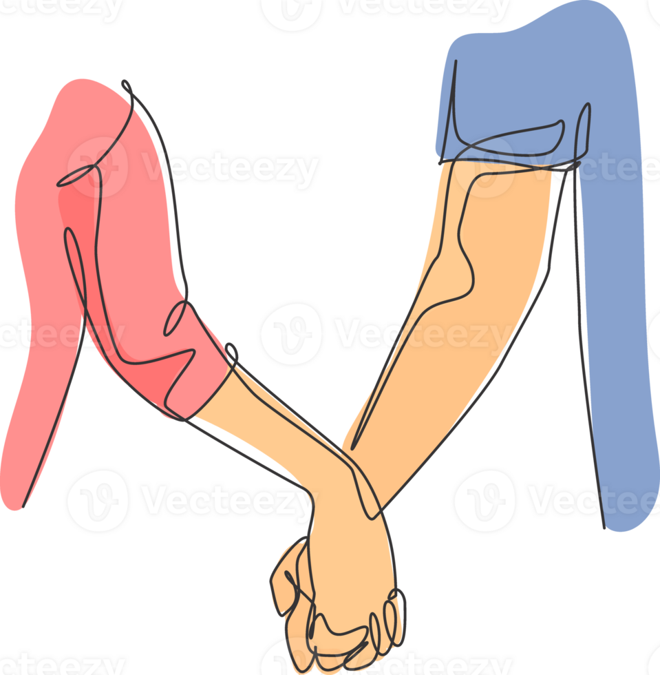 One line drawing of two adult hands holding each other together to express love and care. Romantic young couple lover concept. Continuous line draw design, graphic illustrator png