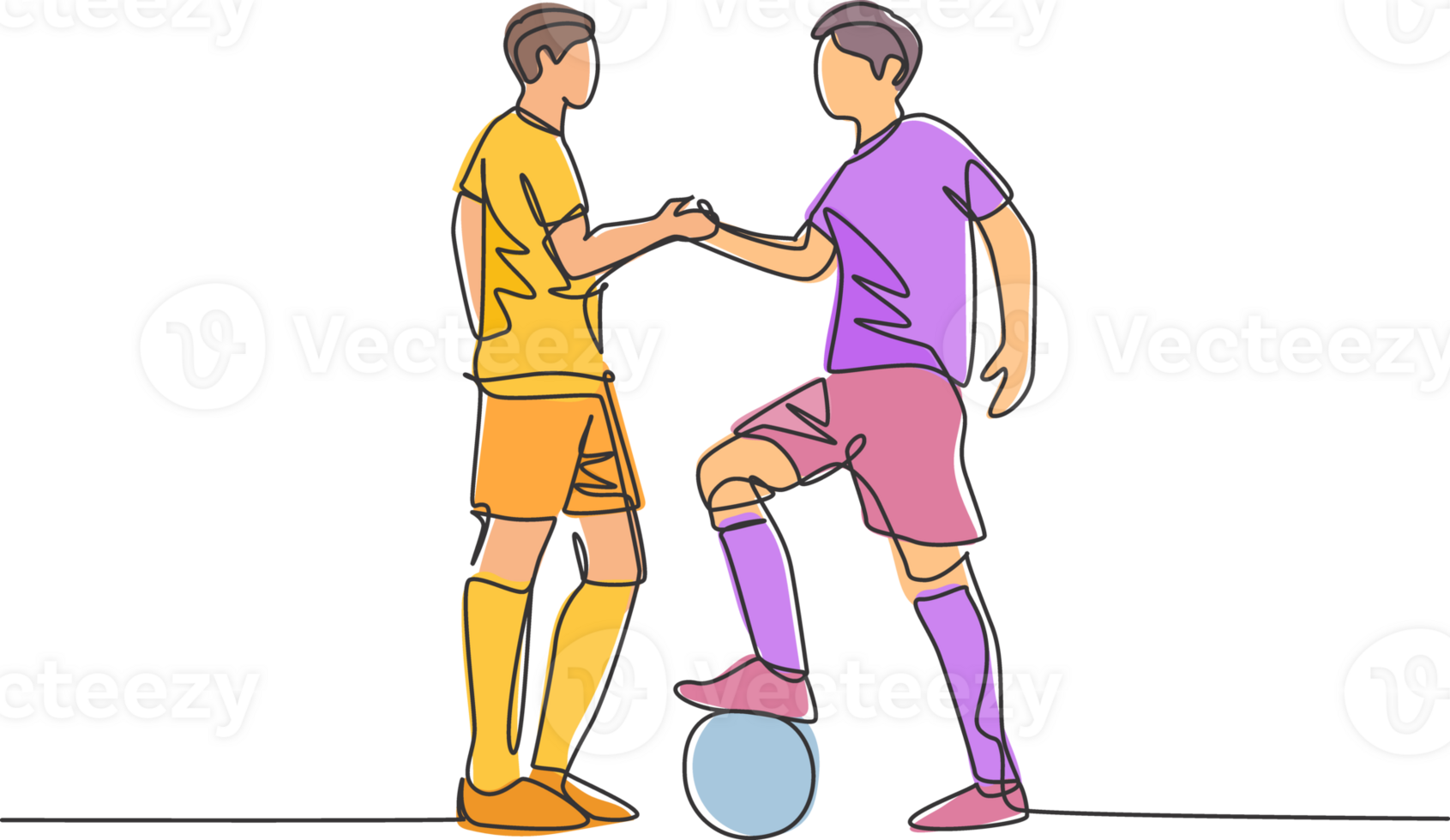Continuous line drawing of two football player and handshaking to show sportsmanship before starting the match. Respect in soccer sport concept. One line drawing illustration png