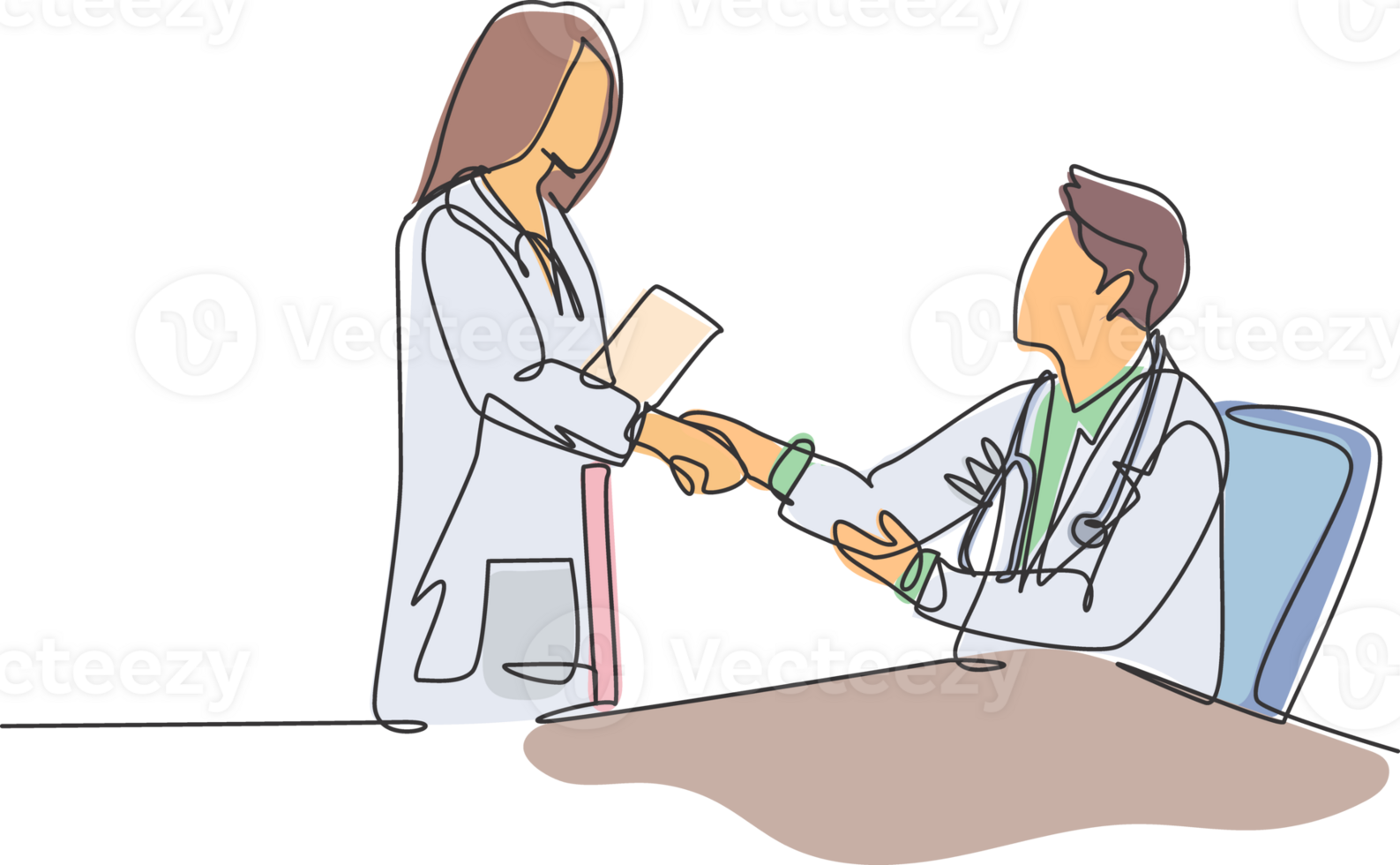 Continuous line drawing of young female doctor handshake with male doctor at hospital. Great healthcare teamwork concept. One line drawing illustration png