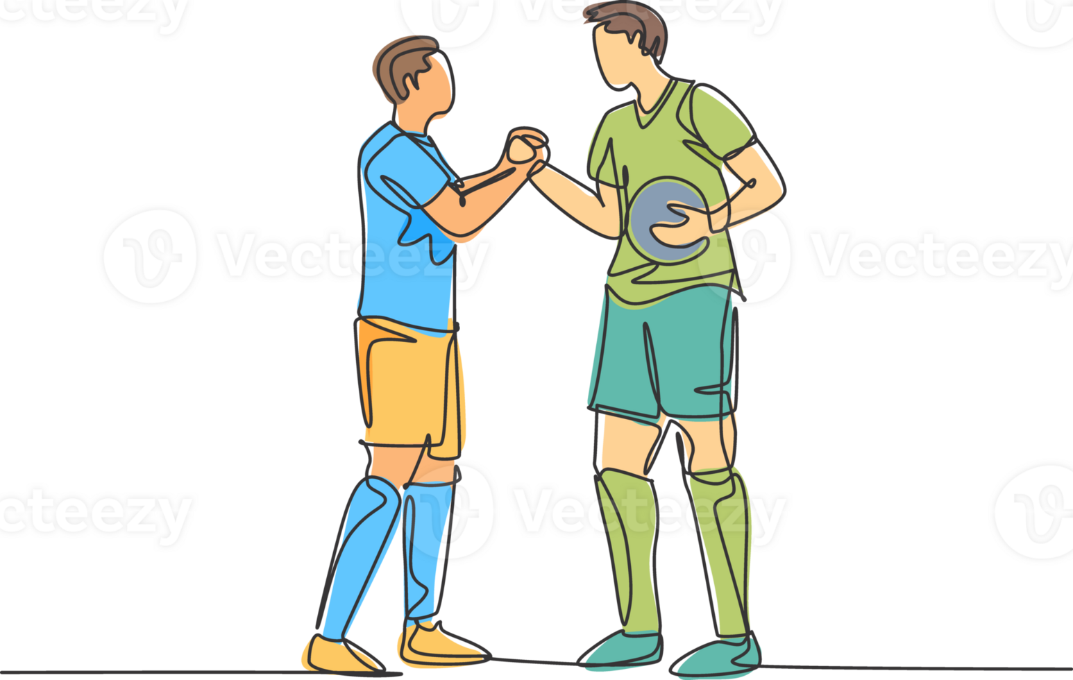 Continuous line drawing of two football player bring a ball and handshaking to show sportsmanship before starting the match. Respect in soccer sport concept. One line drawing illustration png