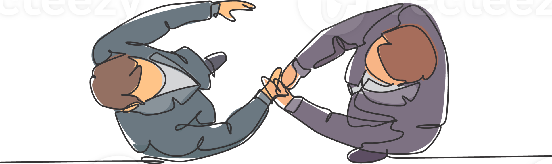 Top view single line drawing of businessmen handshaking his business partner. Great teamwork. Business deal concept with continuous line draw style graphic illustration png