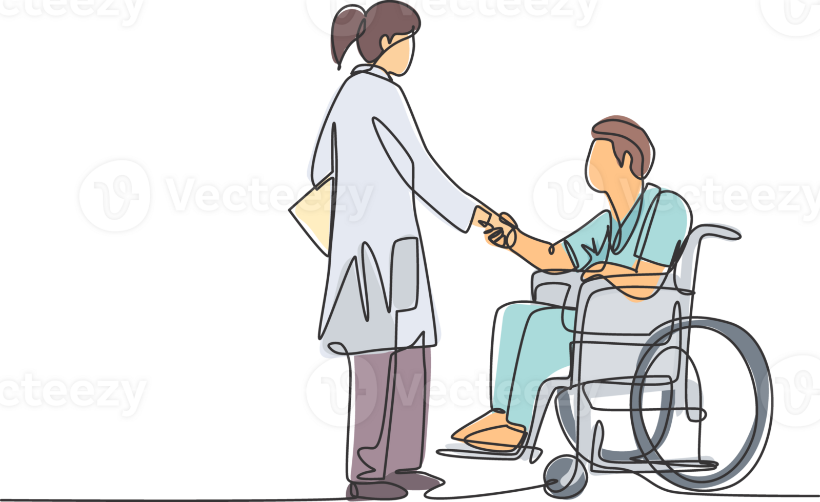 One line drawing of young female doctor visiting and handshaking the patient with wheelchair in hospital. Continuous line drawing design, illustration png