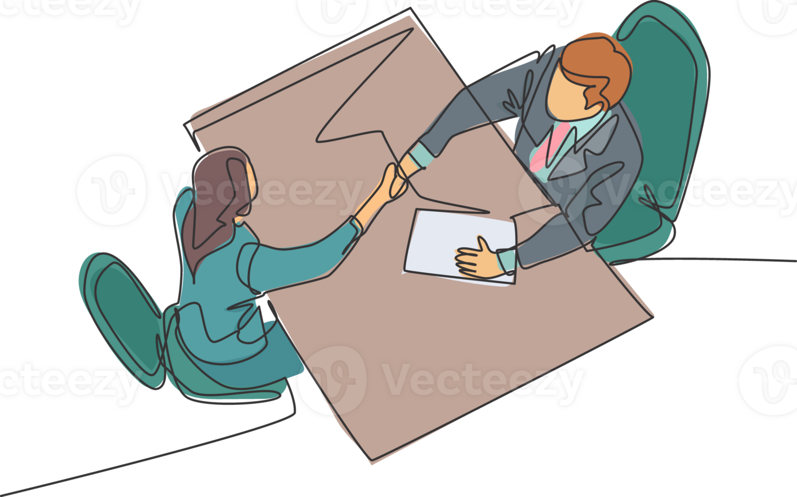 Continuous line drawing of young manager handshake his female worker to congratulate her dealing a project. Business agreement concept. Single line drawing graphic illustration png