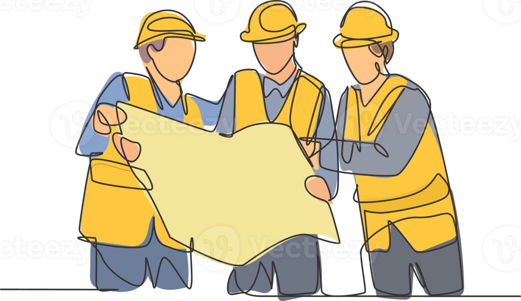 One line drawing of young builder and architect wearing construction vest and helmet looking for building design on blue print together. Great teamwork concept. Continuous line graphic drawing png