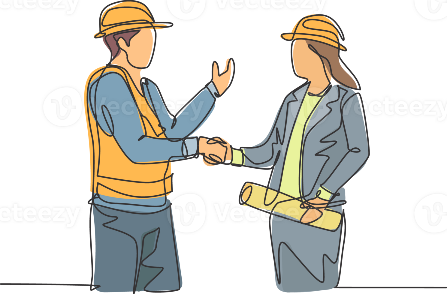 One line drawing of young architect woman and builder foreman wearing construction vest and helmet shaking their hands together. Great teamwork concept. Continuous line drawing, illustration png