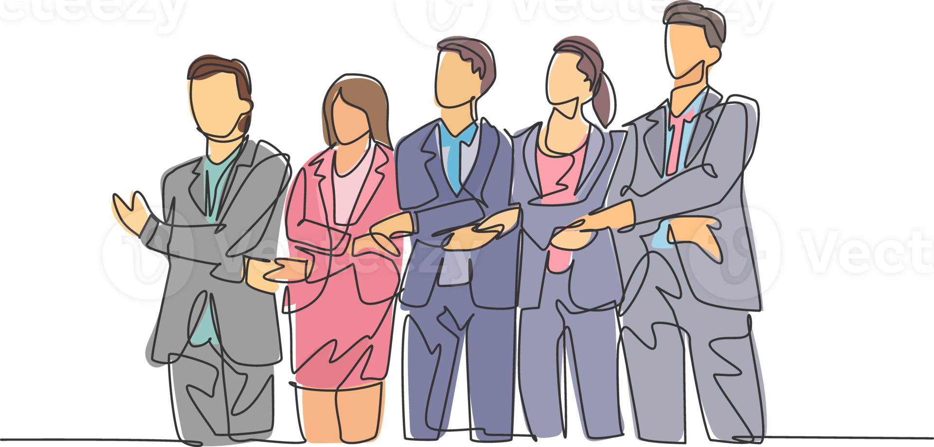 Continuous line drawing of businessman and businesswoman in group holding hand together. Business teamwork concept. One line drawing design, graphic illustration png