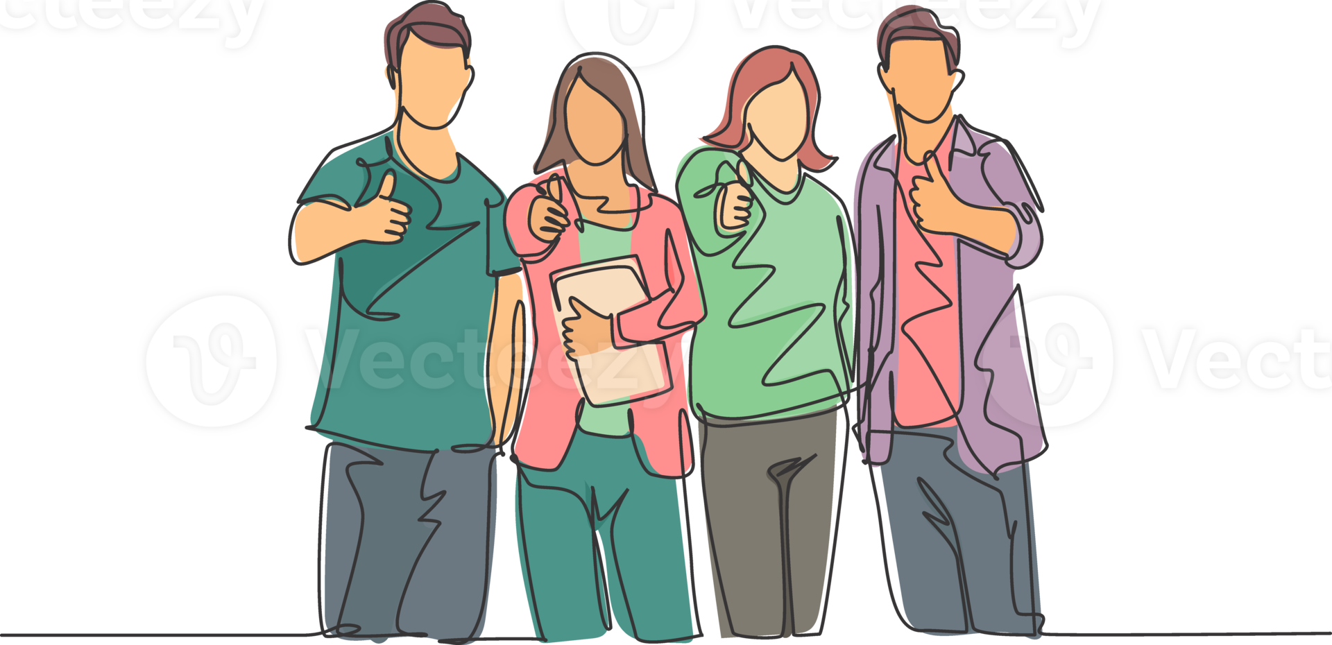 One line drawing of groups of happy college students giving thumbs up gesture after studying together at university library. Learn and study in campus life concept. Continuous line draw design vector png