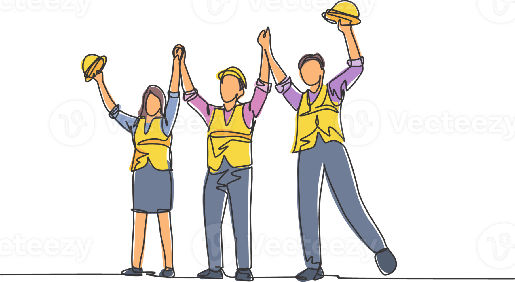 One line drawing of young architect woman and builder wearing construction vest fist their hands up the air to celebrate a project deal. Great teamwork concept. Continuous line drawing illustration png