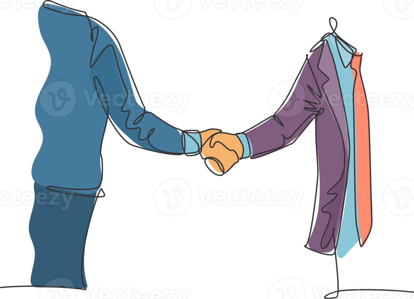 Single line drawing of businessmen in suite handshaking his business partner. Great teamwork. Business deal concept with trendy continuous line draw style graphic illustration png