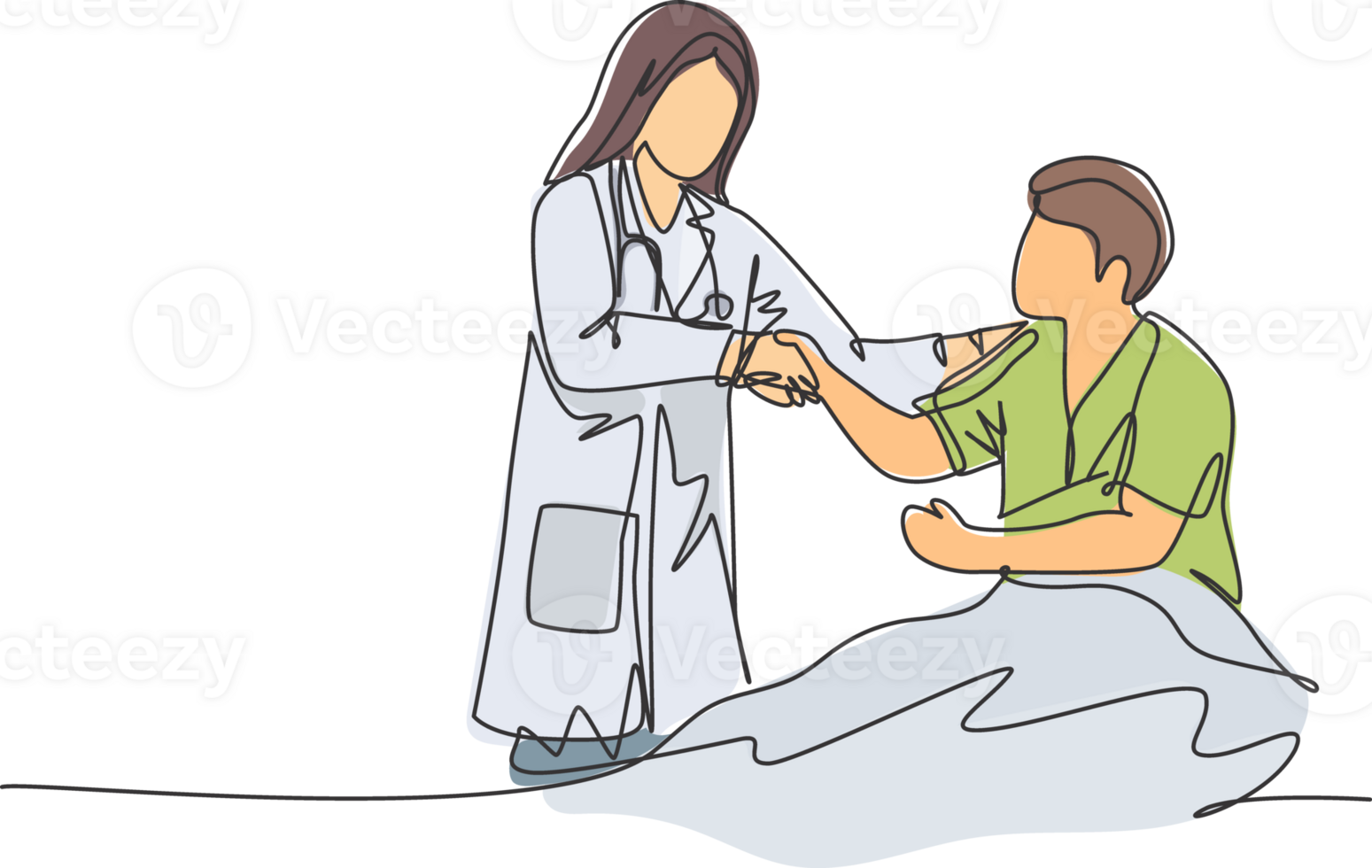 Continuous line drawing of young happy female doctor visit a patient who laying on bed in hospital and handshaking him to ask the condition. Healthcare concept. One line drawing illustration png