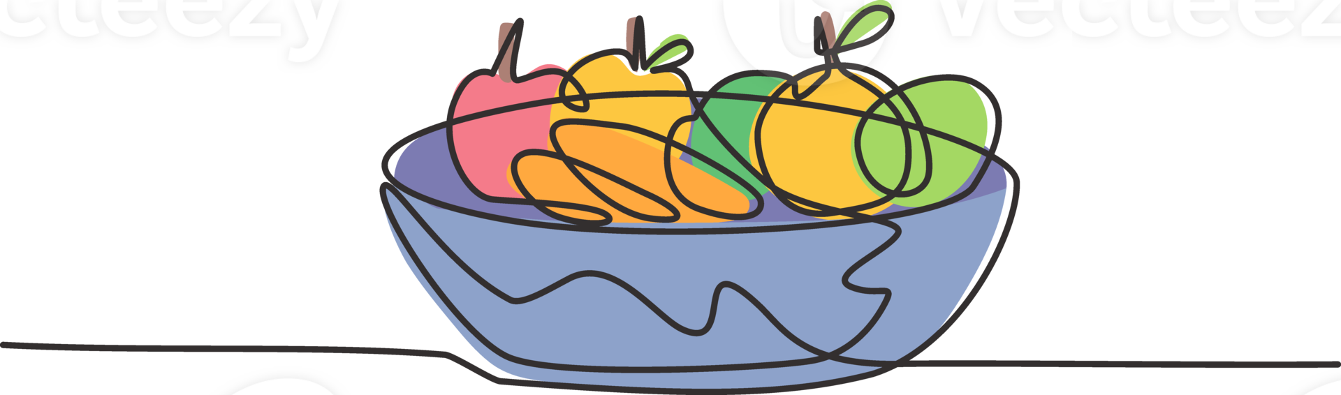 Single one line drawing of a basket full of fruit such as oranges, apples, pears. Healthy food contains vitamins that the body needs. Modern continuous line draw design graphic illustration. png