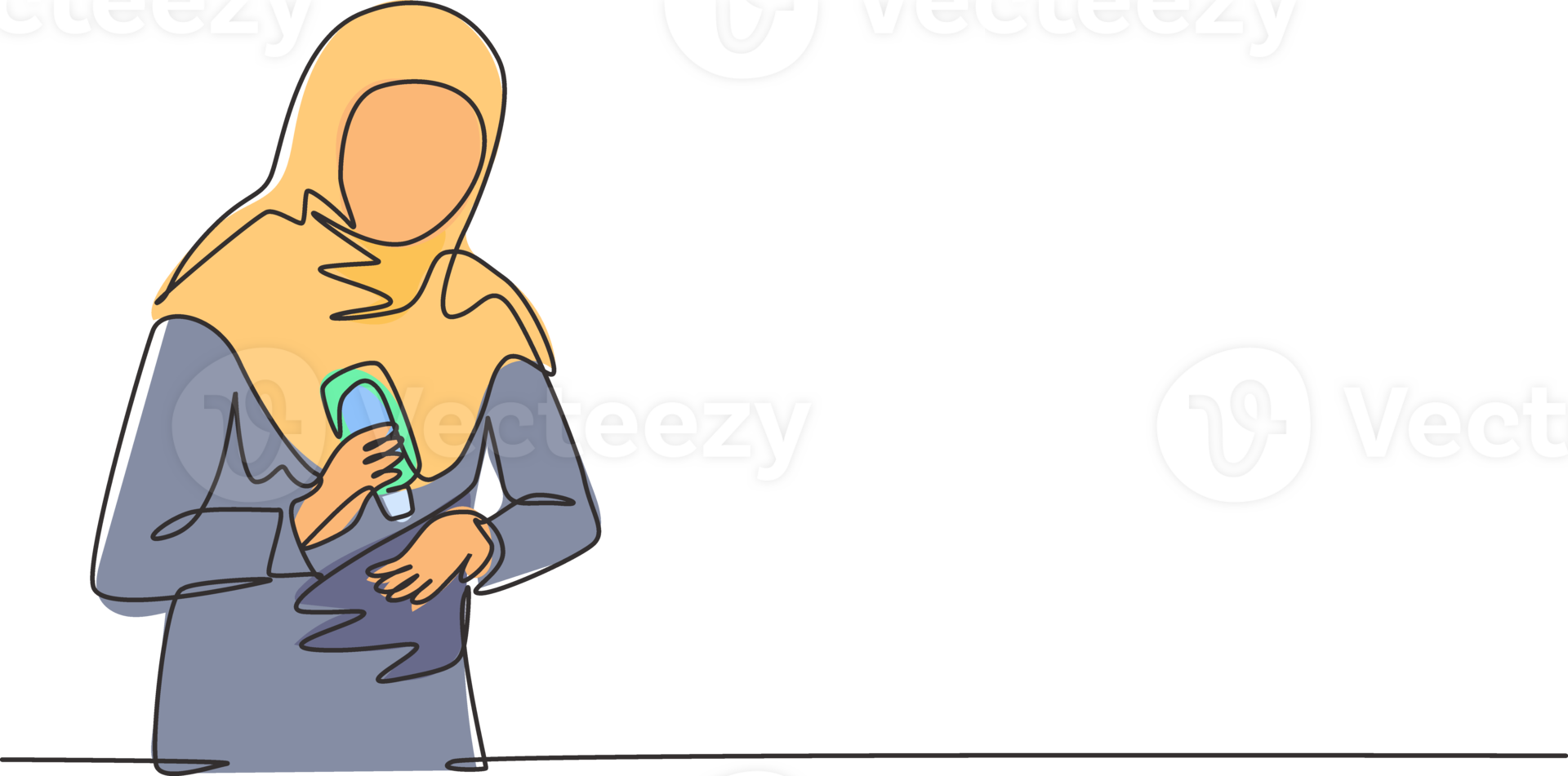 Continuous one line drawing a woman wearing a hijab pours hand sanitizer into her palms to avoid bacteria and be more hygienic. Protection against covid-19. Single line draw design illustration png