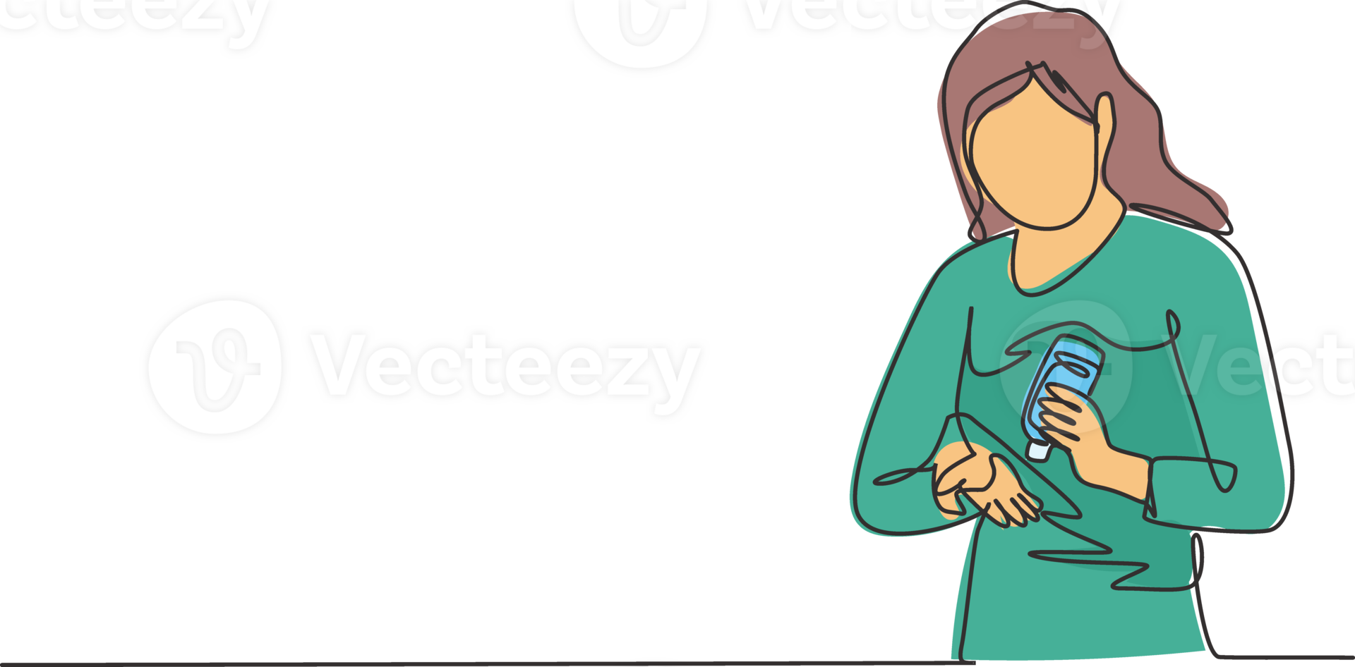 Single one line drawing of a woman pours hand sanitizer into her palms to avoid bacteria and be more hygienic. Self-protection against corona virus. One line draw design graphic illustration. png