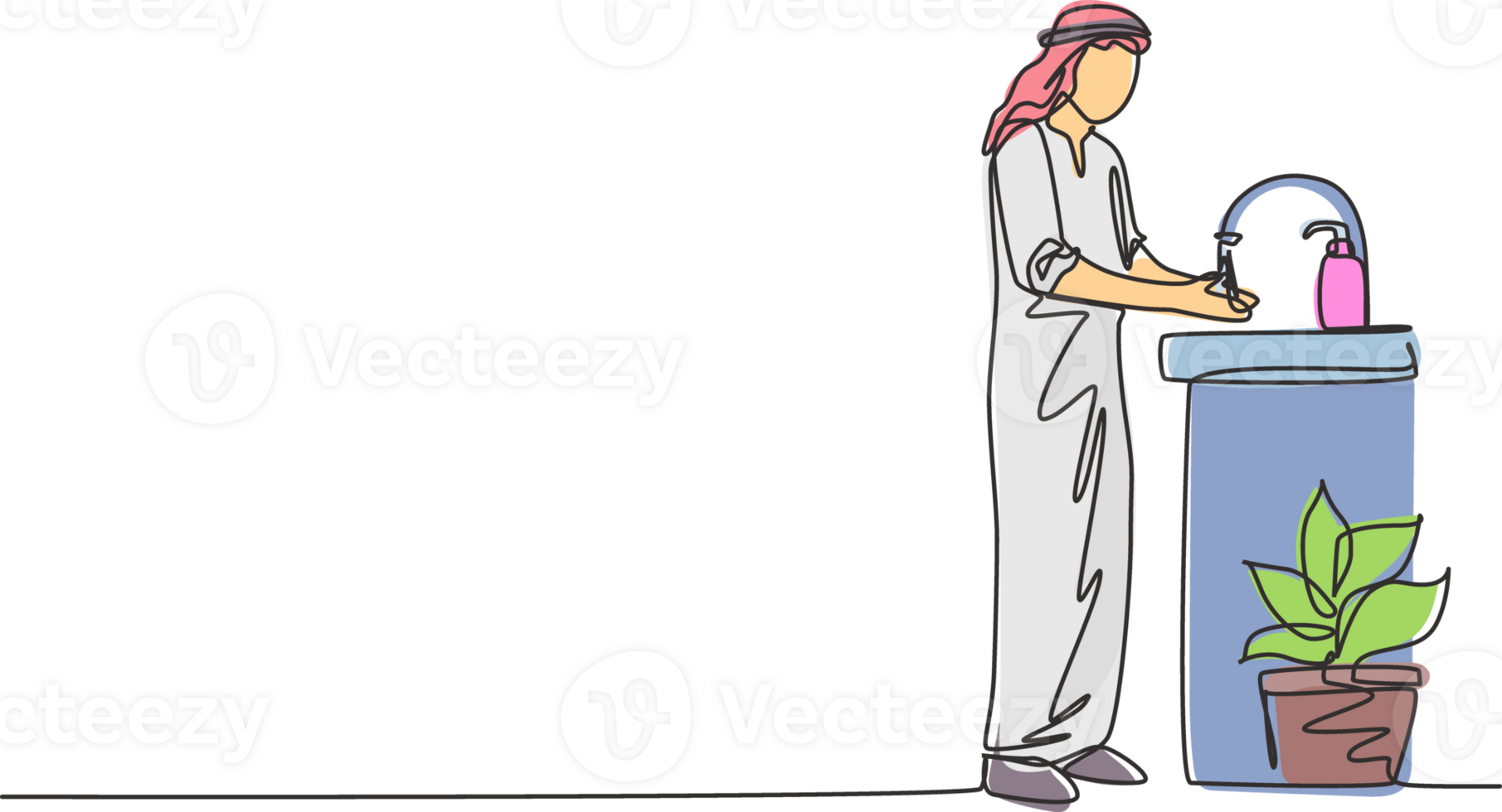 Single continuous line drawing an arab male washes his hands in the sink, there is a soap dispenser by the faucet and pot of plants under the sink. One line draw graphic design illustration. png