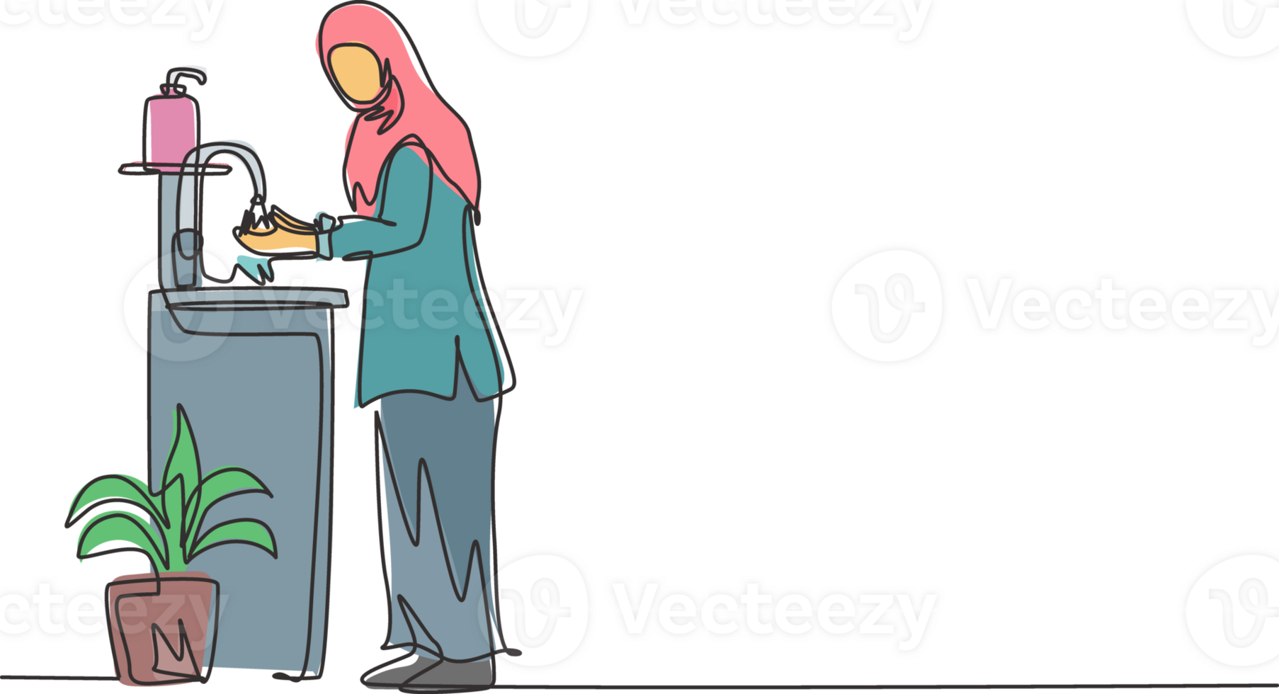 Continuous one line drawing a woman in a hijab washes her hands in the sink, there is a soap dish near the faucet and pot of plants under the sink. Single line draw design graphic illustration. png