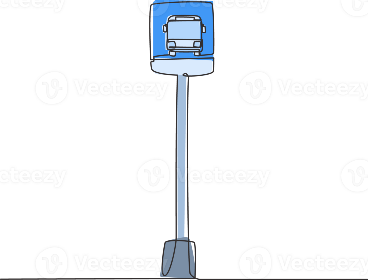 Single one line drawing of a bus stop with a simple bus sign located on the side of an urban road where passengers get on and off. Modern continuous line draw design graphic illustration. png