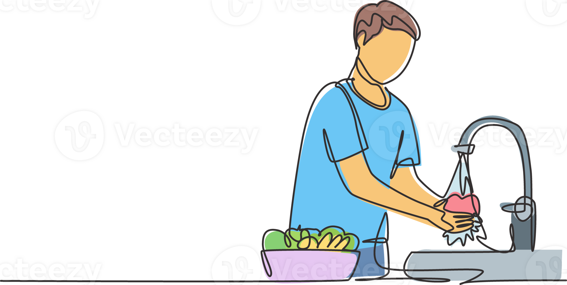 Single continuous line drawing a man washes fruits in the sink from the germs that stick to clean. Cleaned with water to make it hygienic. Dynamic one line draw graphic design illustration. png