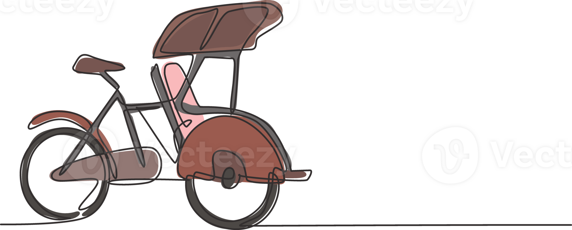 Continuous one line drawing pedicab is viewed from the side with three wheels and the front passenger seat and the driver's controls at the rear. Single line draw design graphic illustration. png
