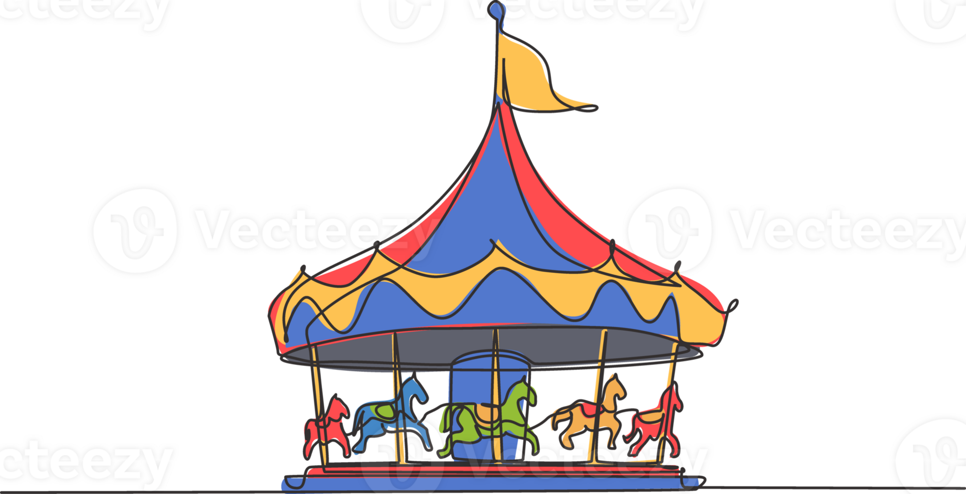 Continuous one line drawing horse carousel in an amusement park spinning under a large tent with a flag on it. Recreation that children love. Single line drawing design graphic illustration png
