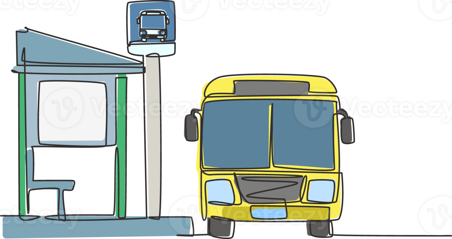 Single one line drawing of bus stop with shelter, simple bus sign and a bus waiting for passengers to get on and off, then continue the journey. Continuous line draw design graphic illustration png