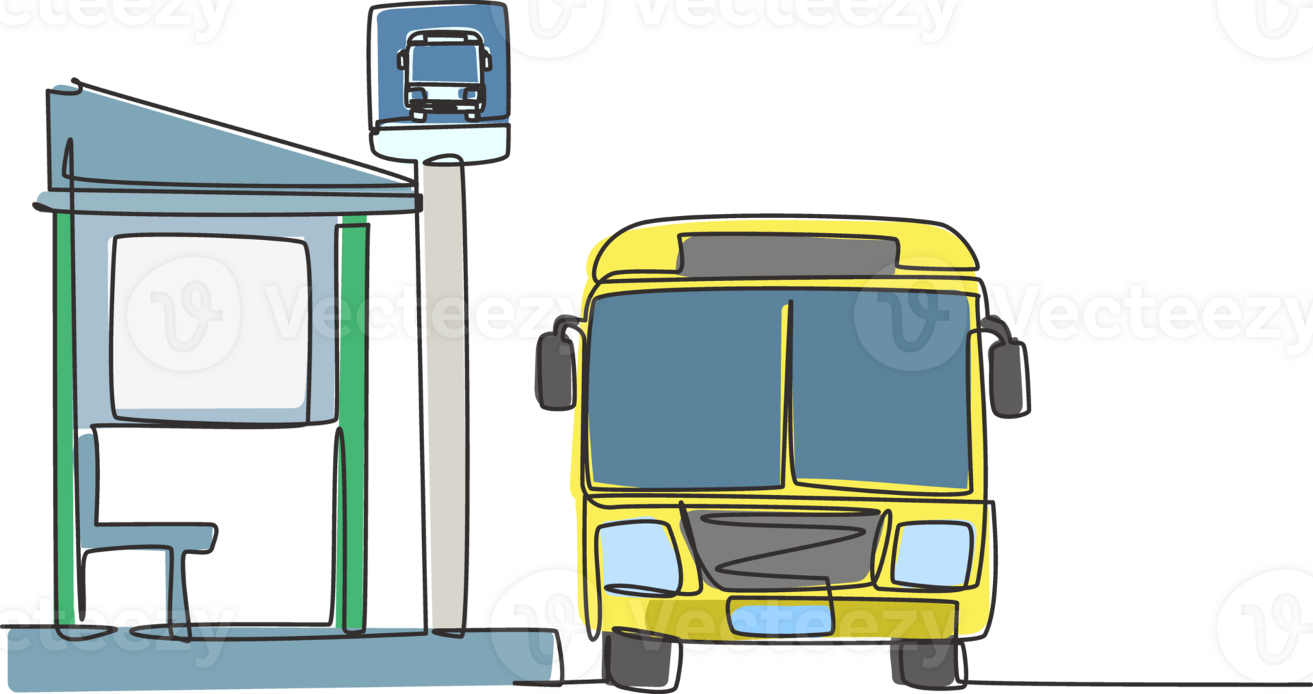 soltero uno línea dibujo de autobús detener con refugio, sencillo autobús firmar y un autobús esperando para pasajeros a obtener en y apagado, luego Seguir el viaje. continuo línea dibujar diseño gráfico ilustración png