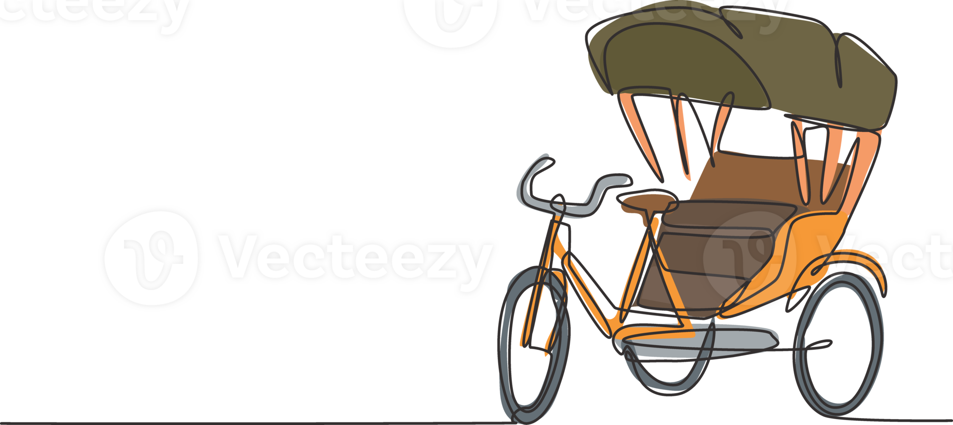 Single one line drawing of cycle rickshaw with three wheels and a rear passenger seat is an ancient vehicle in several Asian countries. Modern continuous line draw design graphic illustration. png
