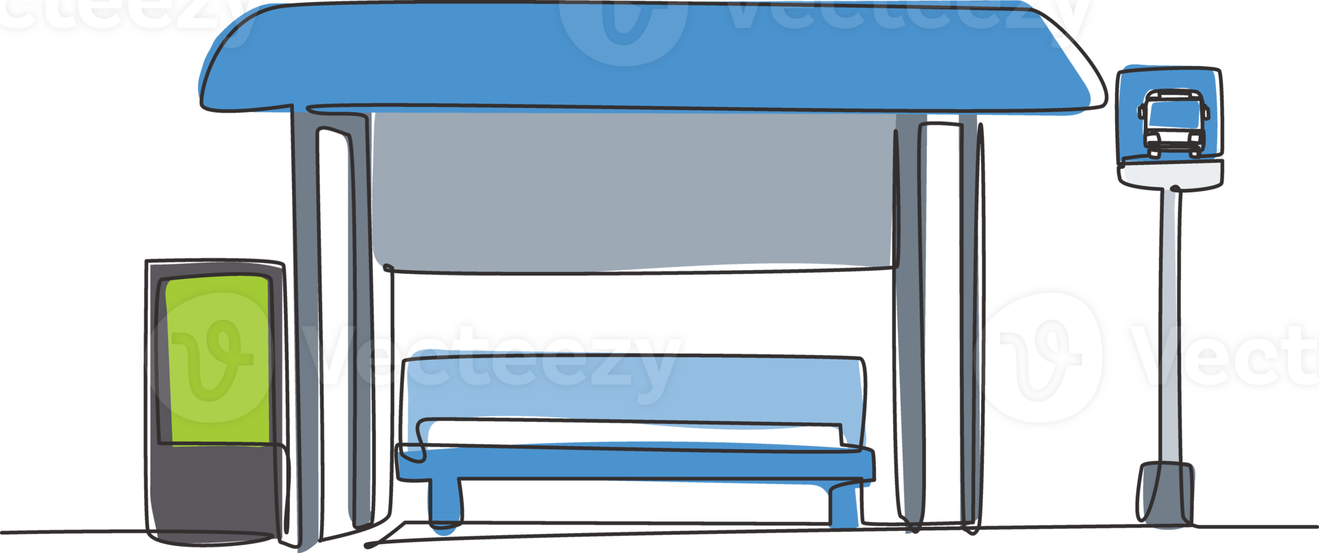 Single one line drawing of bus stops with shelter, simple bus signs and trash cans located on the side of urban roads where passengers get on and off. One line draw design graphic illustration. png