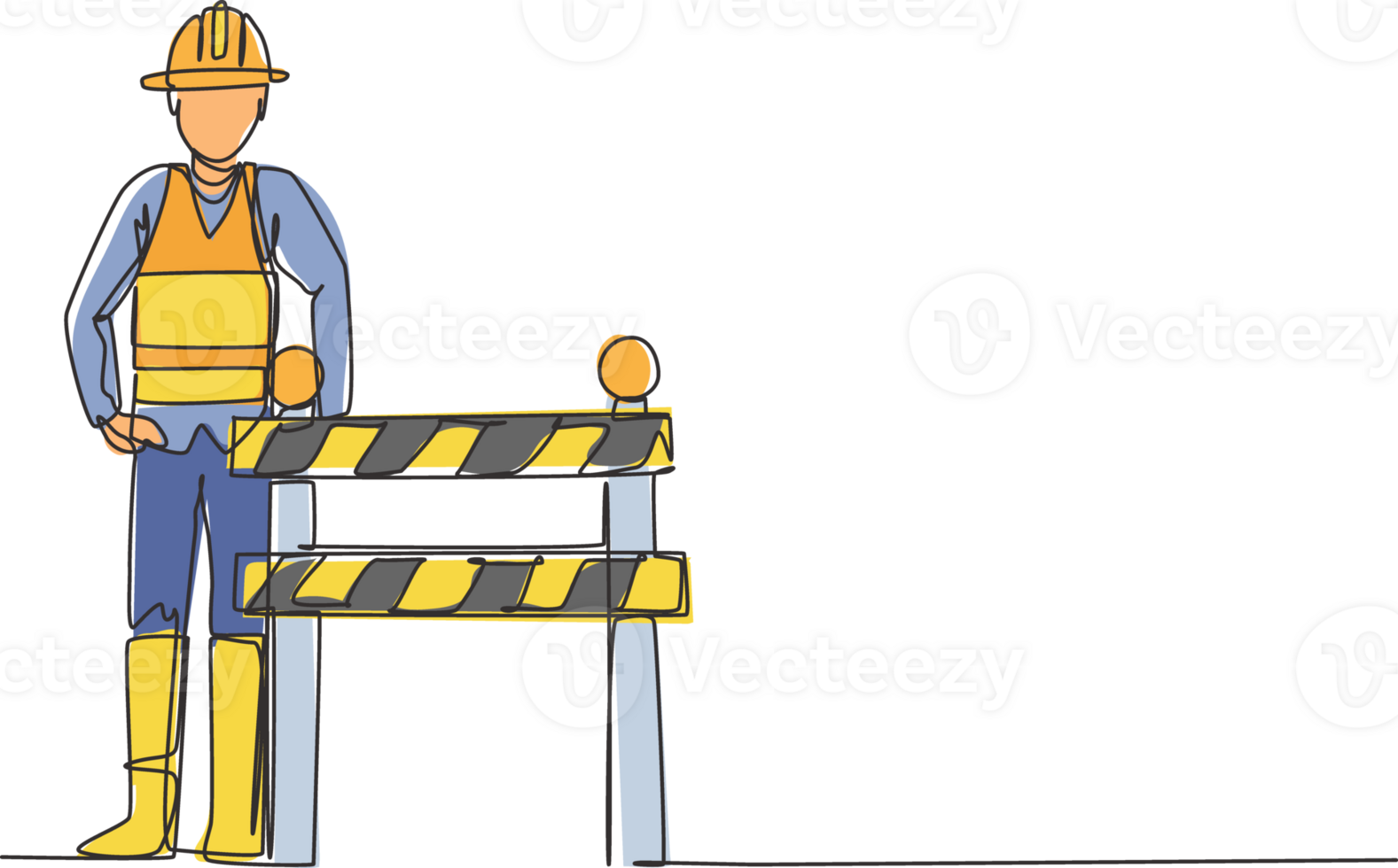 Continuous one line drawing a construction worker is standing next to the under construction board which is located on the side of the road. Single line draw design graphic illustration. png