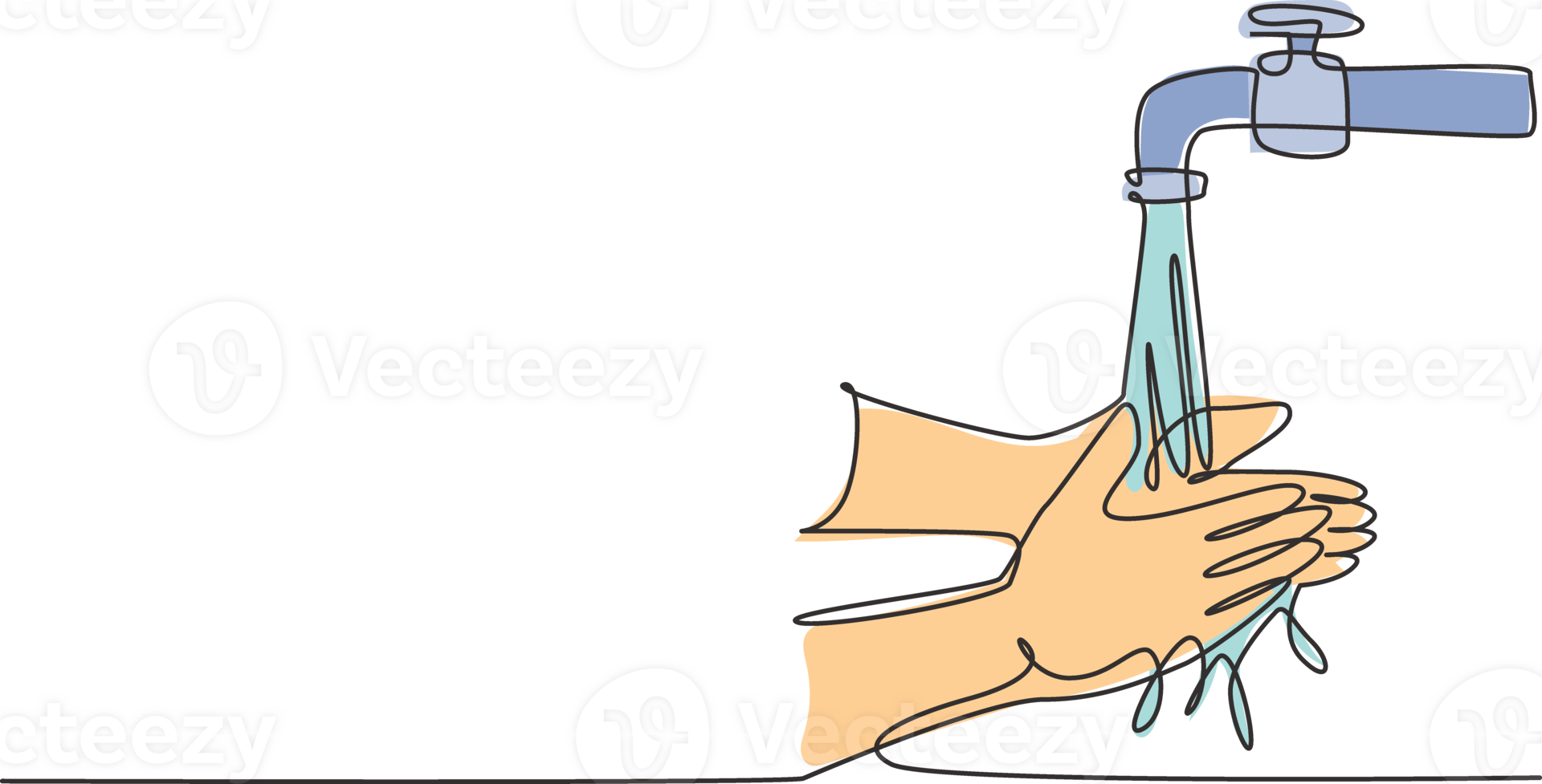 Continuous one line drawing of washing hands with clean water spilled from the tap to protection hands from germs, bacteria, viruses. Flowing water. Single line draw design graphic illustration png